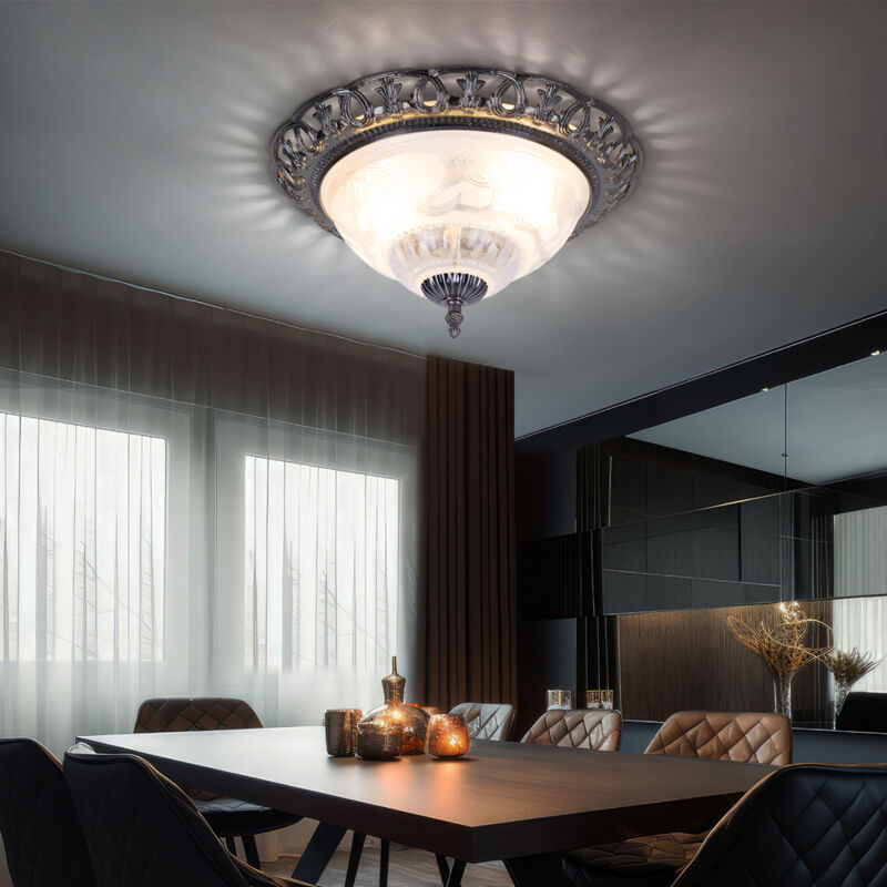 foto del prodotto globo lampada da soffitto bianca da soggiorno, plafoniera argento antico rotonda, lampada retr , elementi decorati in madreperla, metallo, 2x prese