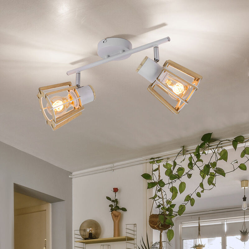 foto del prodotto globo lampada da soffitto faretto da soffitto bianco faretti in legno per soffitto, 2 punti fiamma mobili, stile country effetto legno metallo