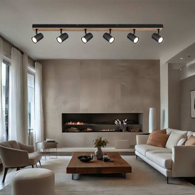 foto del prodotto globo lampada da soffitto faretto da soffitto nero spot spot strip 6 fiamme, effetto legno mdf scandinavo, 6 prese gu10, lxlxa 115x6x13,5cm