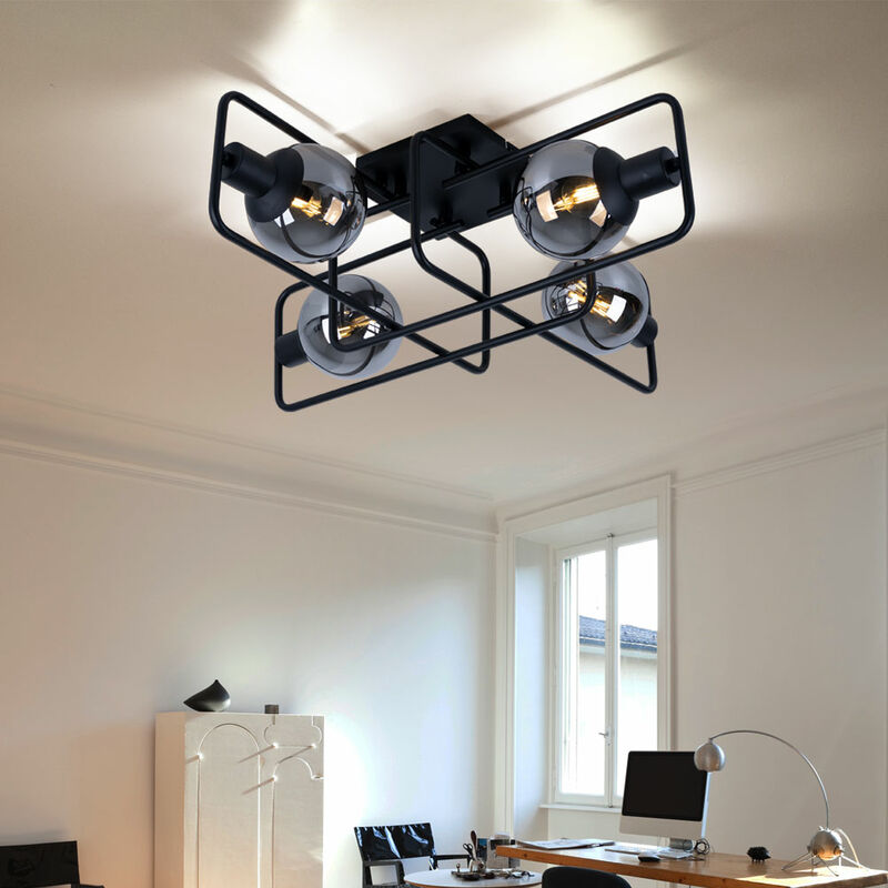 foto del prodotto globo lampada da soffitto lampada da soffitto industriale nera retr lampada da soggiorno color fumo sfere di vetro, metallo, 4 fiamme e14, lxpxh