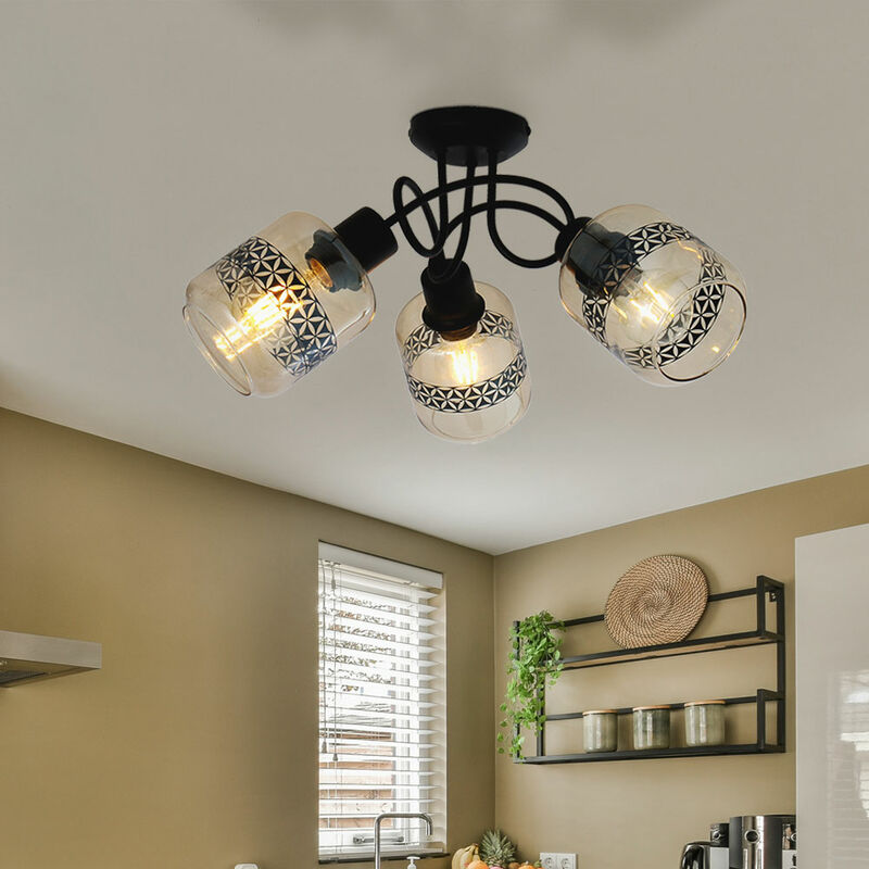 foto del prodotto globo lampada da soffitto lampada da soggiorno a 3 luci lampada da cucina plafoniera, metallo nero, vetro ambrato, decoro fiore della vita, 3x e27,