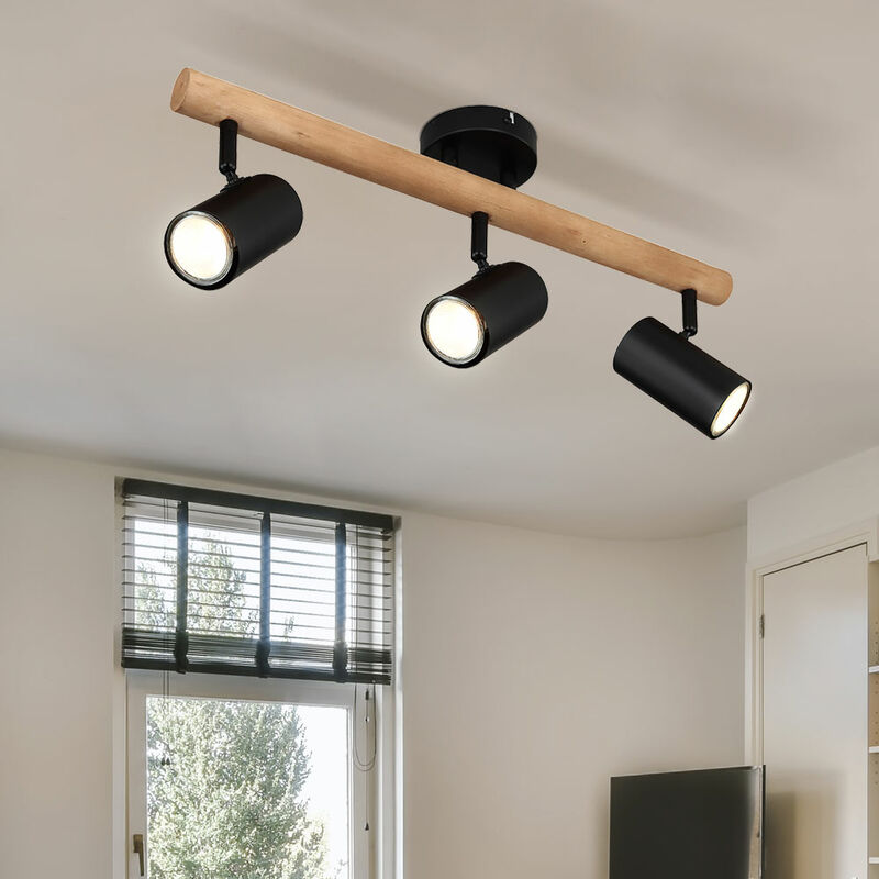 foto del prodotto globo lampada da soffitto lampada da soggiorno lampada da sala da pranzo faretto da soffitto, legno metallo nero, 3 fiamme, gu10, l 54 cm