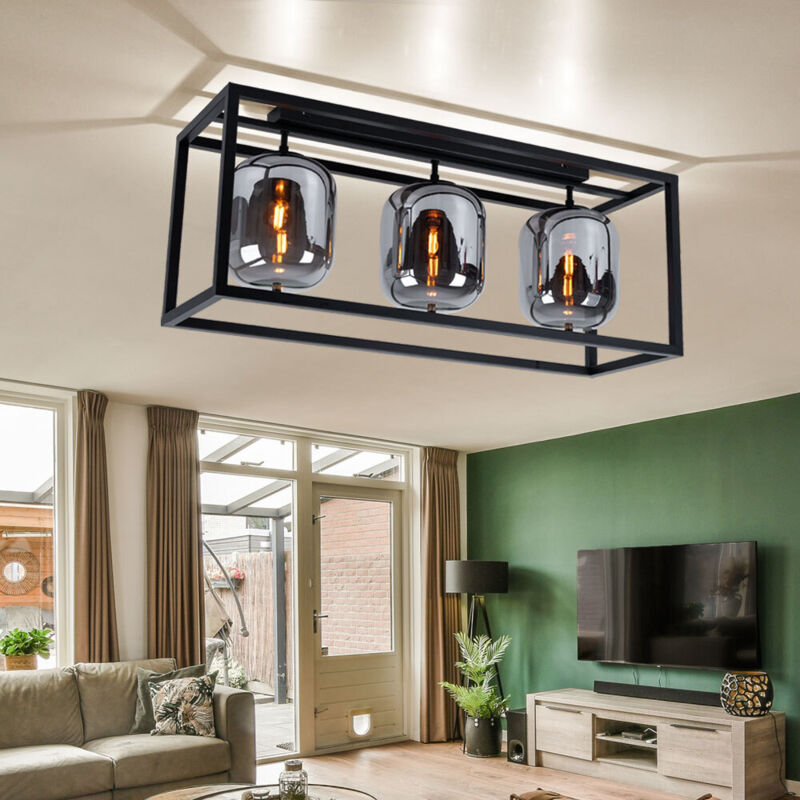 foto del prodotto globo lampada da soffitto lampada in vetro 3 fiamme paralume in vetro color fumo lampada da soffitto tonda nera lampada da soggiorno, vetro