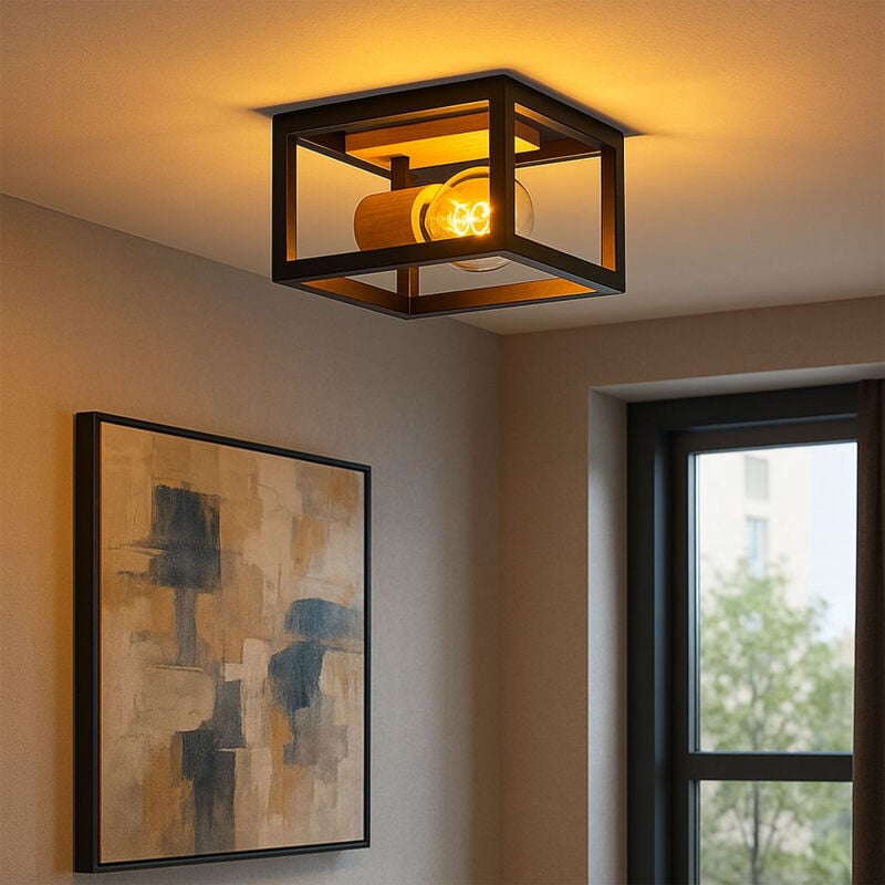 foto del prodotto globo lampada da soffitto lampada retr in legno lampada da soffitto con struttura nera faretto da soffitto orientabile, metallo colore naturale 1x