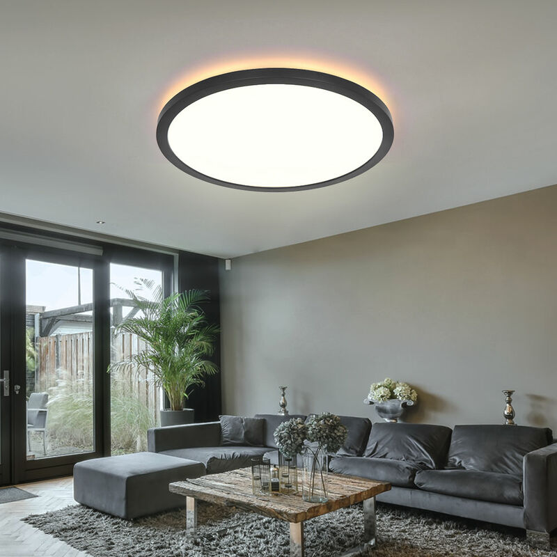 foto del prodotto globo lampada da soffitto nera per bagno, lampada da soggiorno dimmerabile, retroilluminazione, ip44, 1x led 18w 1500lm bianco caldo, dxh 29,4x2,5