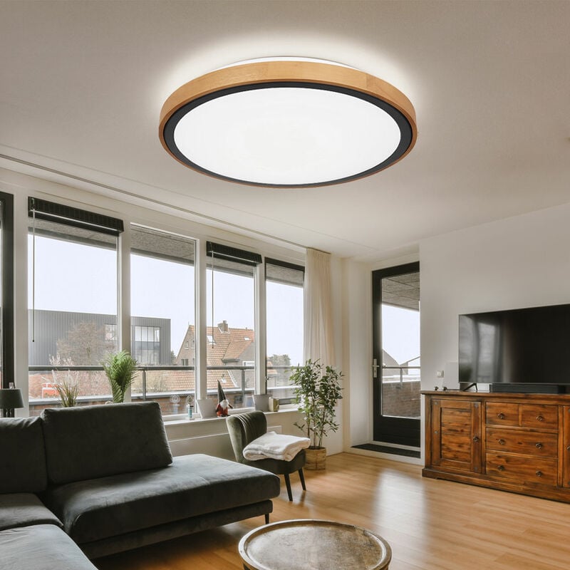 foto del prodotto globo lampada da soffitto plafoniera cct camera da letto stile country luce in legno, aspetto legno marrone metallo nero opale, 1x led 24w 1000lm