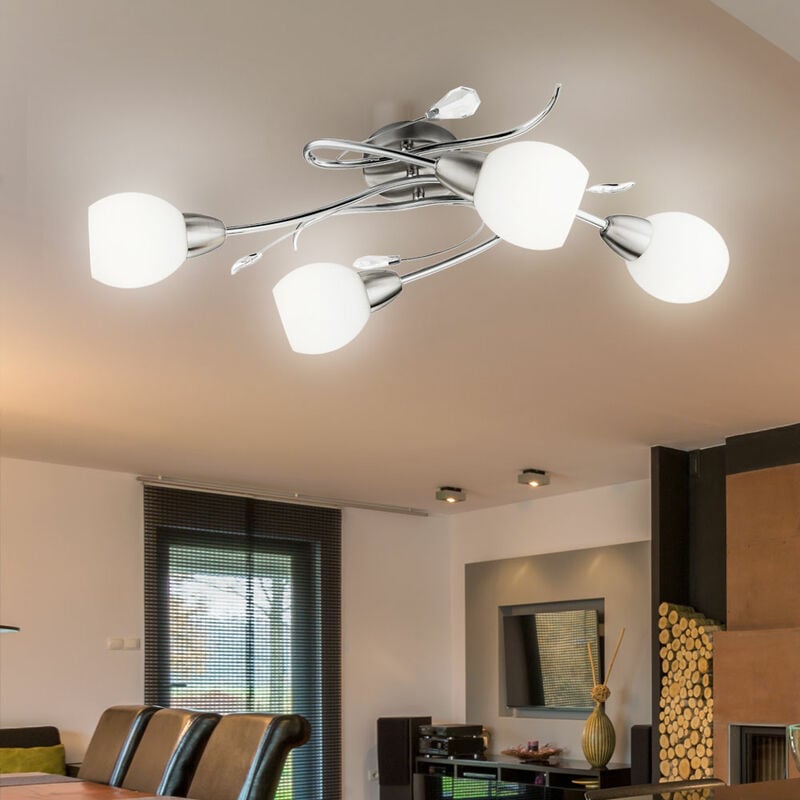 foto del prodotto globo lampada da soffitto plafoniera soggiorno lampada faretto faretto, 4 lampadine, foglie decorative vetro opalino cromo, attacchi e14, lxl