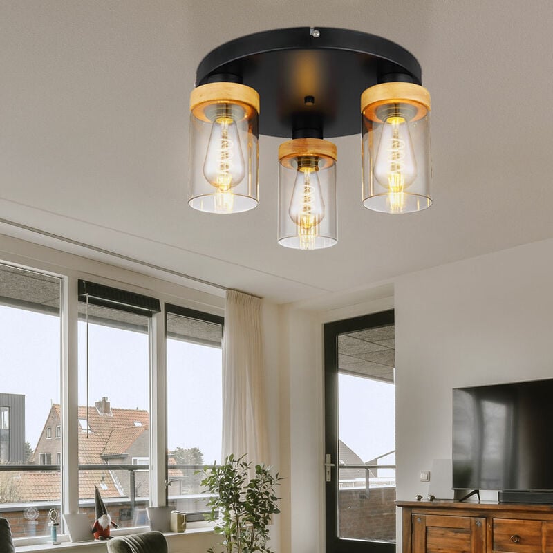 foto del prodotto globo lampada da soffitto plafoniera soggiorno luce sala da pranzo lampada corridoio luce, metallo vetro legno fumo nero, 3 lampadine, e27, h 21 cm