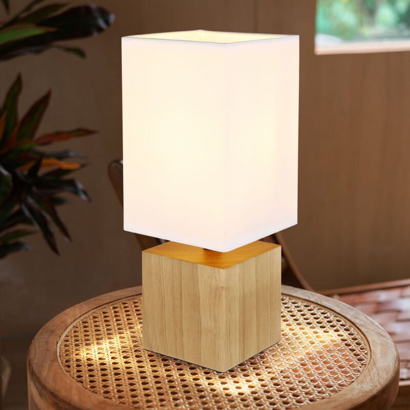 foto del prodotto globo lampada da tavolo lampada da comodino in legno lampada da tavolo soggiorno lampada da lettura tessuto bianco, quadrato, 1x e27, lxlxh