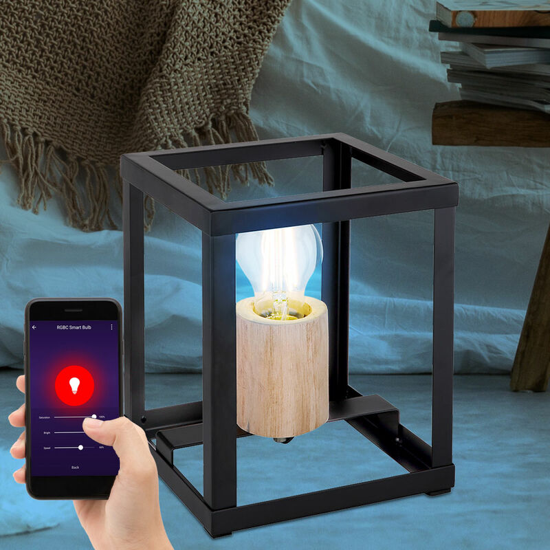 foto del prodotto globo lampada da tavolo lampada da tavolo in legno nera industriale luce laterale soggiorno, controllo app cct, smart rgb led 15w 1300lm, lxpxh