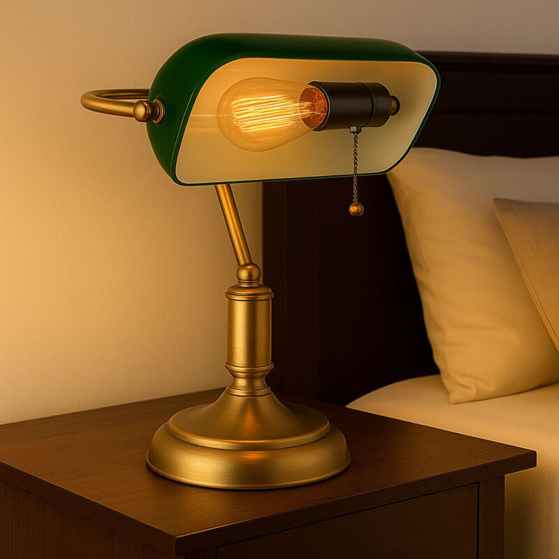 foto del prodotto globo lampada da tavolo lampada da tavolo in vetro verde ottone antico lampada da lettura, paralume orientabile, interruttore a strappo, 1x presa