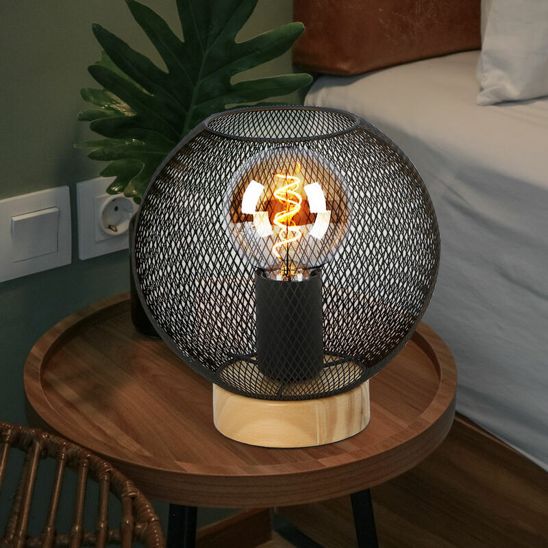 foto del prodotto globo lampada da tavolo lampada da tavolo lampada da comodino lampada vintage in legno design industriale legno marrone metallo nero, effetto