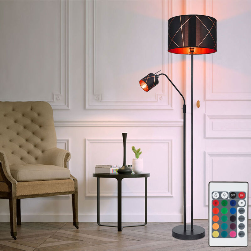 foto del prodotto globo lampada da terra a led con lampada da lettura, faretto da soffitto dimmerabile con telecomando, cambio colore rgb, tessuto in metallo nero