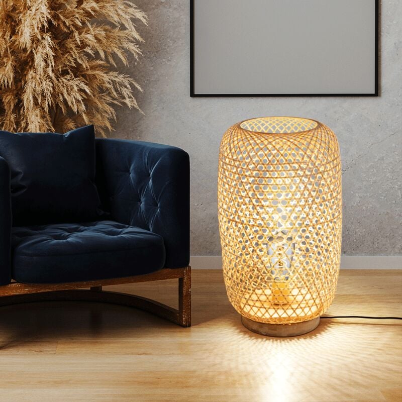 foto del prodotto globo lampada da terra a led lampada da terra lampada in legno lampada laterale in legno, bamb naturale interruttore in stile boho, 1x e27