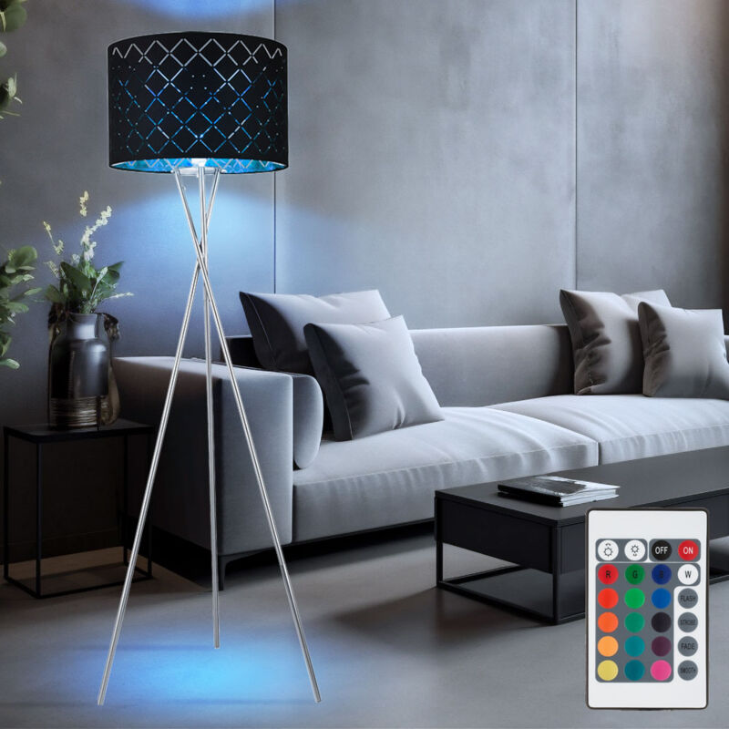 foto del prodotto globo lampada da terra con paralume in tessuto luce laterale oro nero treppiede a 3 gambe con telecomando, dimmerabile, nichel opaco, 1x led rgb