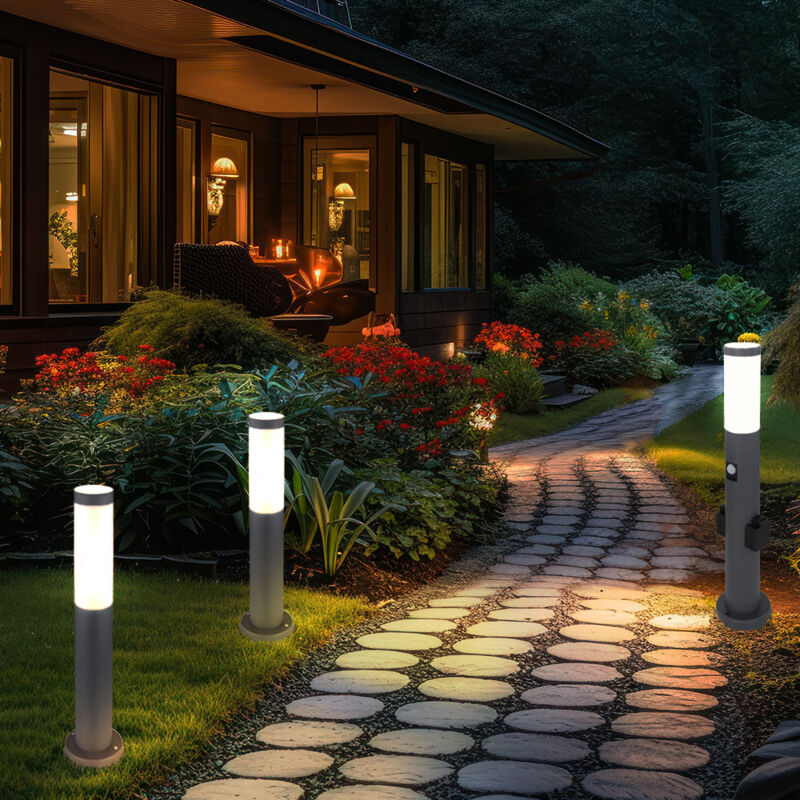 foto del prodotto globo lampada da terra con presa e presa rilevatore di movimento colonna da giardino con luce, acciaio inossidabile antracite, e27, set da 3