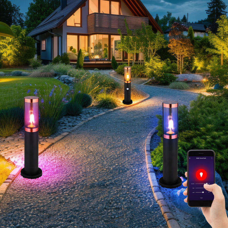 foto del prodotto globo lampada da terra fumo su piedistallo illuminazione esterna con rilevatore di movimento lampada da terra da giardino, controllo app cct, smart