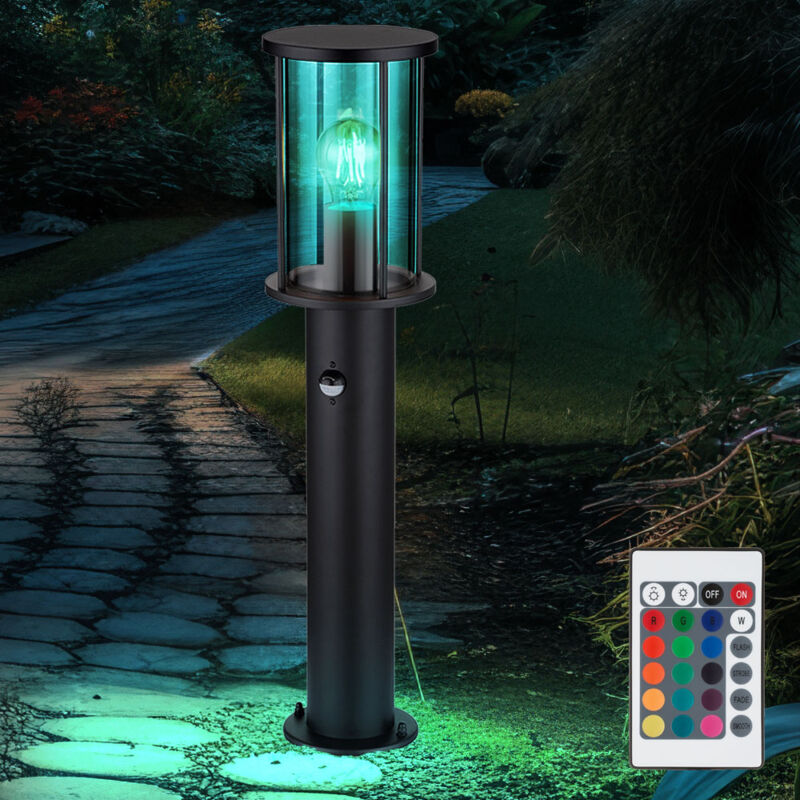 foto del prodotto globo lampada da terra in acciaio inox con sensore di luce da giardino, lampada da esterno, rilevatore di movimento in vetro fum nero, telecomando