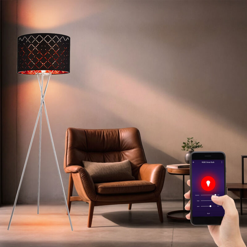 foto del prodotto globo lampada da terra intelligente con paralume in tessuto nero oro luce laterale treppiede a 3 gambe dimmerabile, controllo app cct, 1x led rgb
