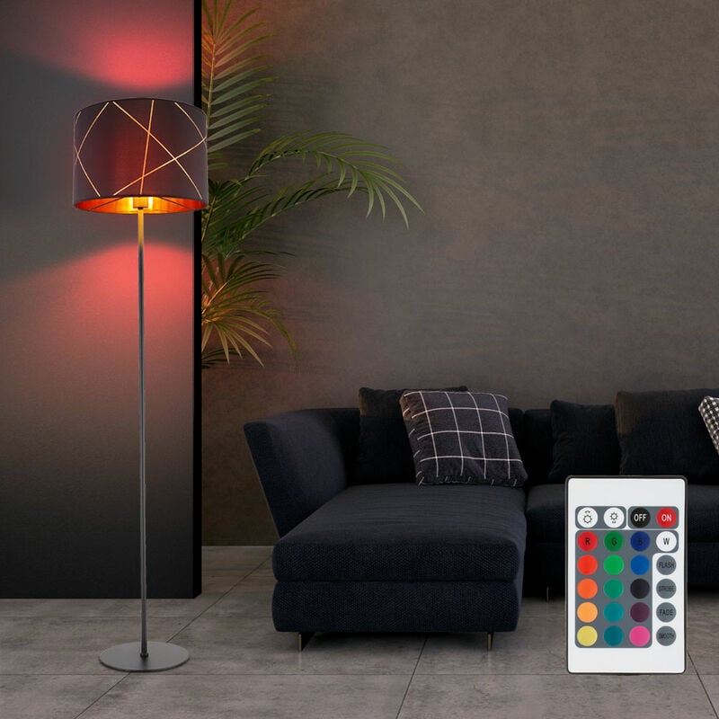 foto del prodotto globo lampada da terra lampada da terra nero oro e27 lampada da terra in tessuto, linee decorative dorate, dimmerabile con telecomando, led rgb