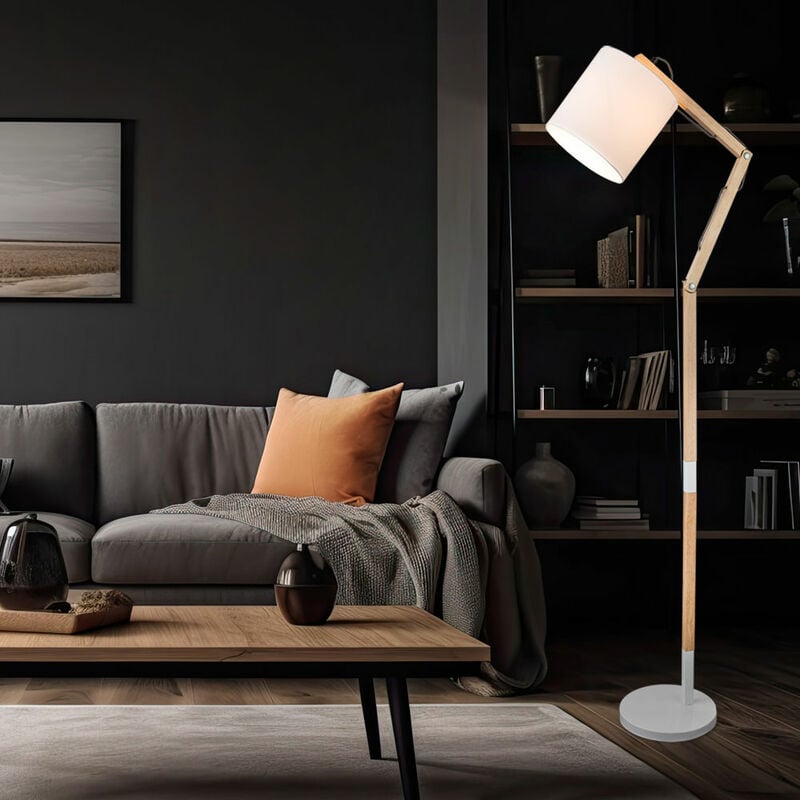 foto del prodotto globo lampada da terra led da salotto lampada da terra in legno lampada da terra con snodi regolabili, metallo tessile bianco, 1x e27 led bianco
