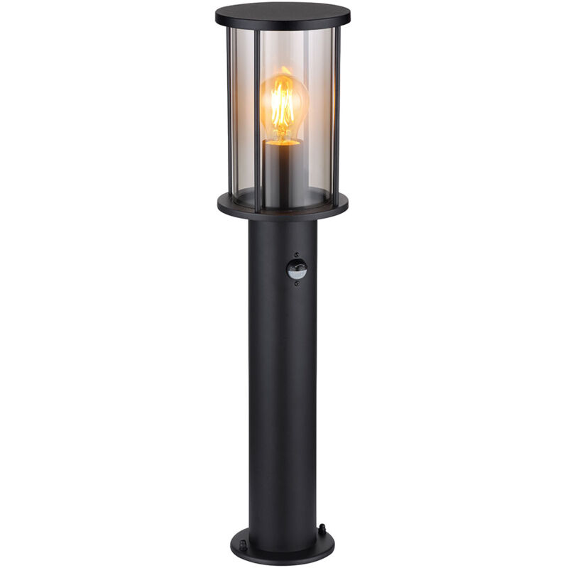 foto del prodotto globo lampada da terra, luce da vialetto, lampada da giardino, lampada da esterno, metallo, nero, vetro, fumo, rilevatore di movimento, acciaio