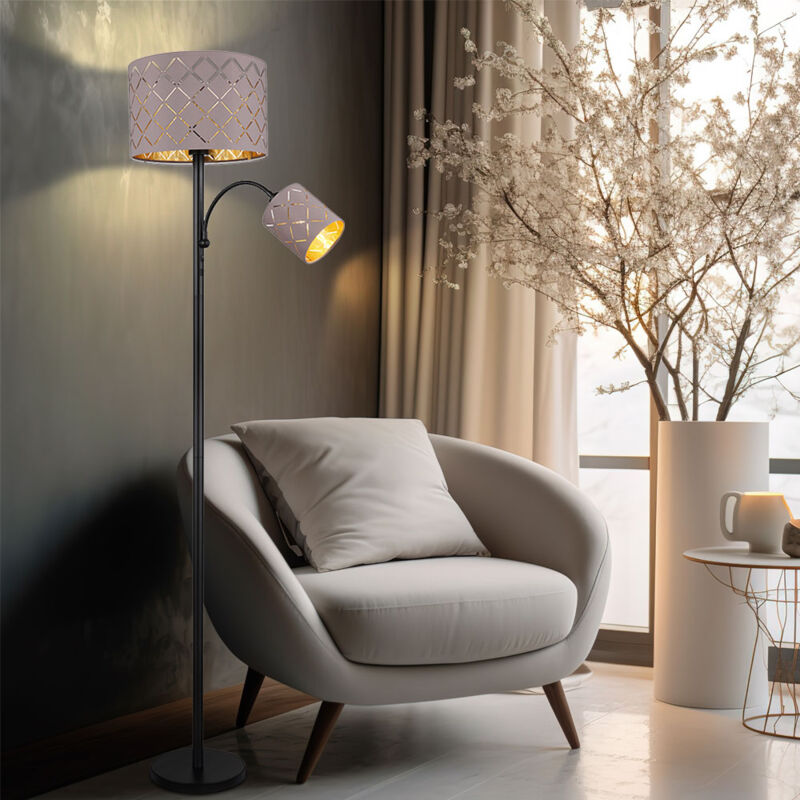 foto del prodotto globo lampada da terra moderna da soggiorno lampada da terra a 2 luci nera, paralume tessile led grigio metallo, 2x led 8 4w 806 400lm 3000k bianco