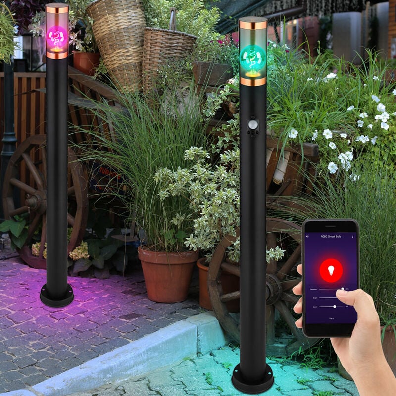 foto del prodotto globo lampada da terra piantana led dimmerabile da esterno con rilevatore di movimento giardino acciaio inox fum rame nero, controllo tramite app,