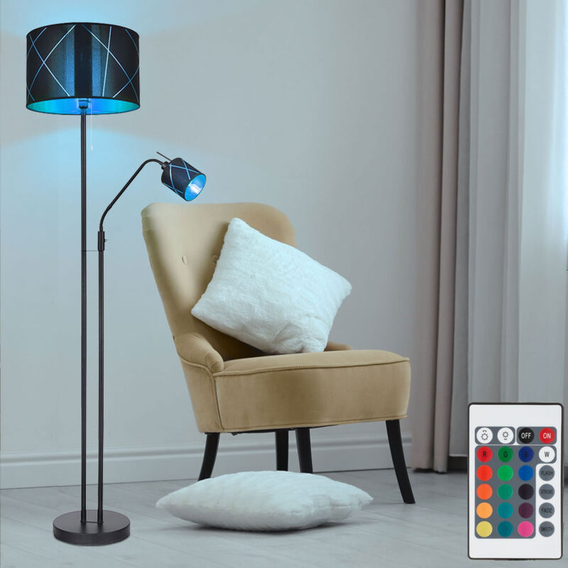 foto del prodotto globo lampada led da terra con lampada da lettura verso l alto, dimmerabile con telecomando, cambio colore rgb, metallo tessuto oro nero, lampada