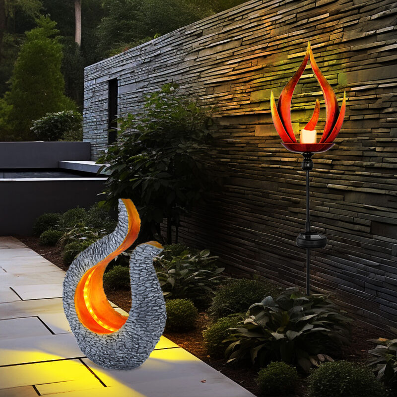 foto del prodotto globo lampada solare a led con effetto fuoco, lampada da esterno, lampada da giardino, design a fiamma, aspetto pietra scultura, bianco caldo, set