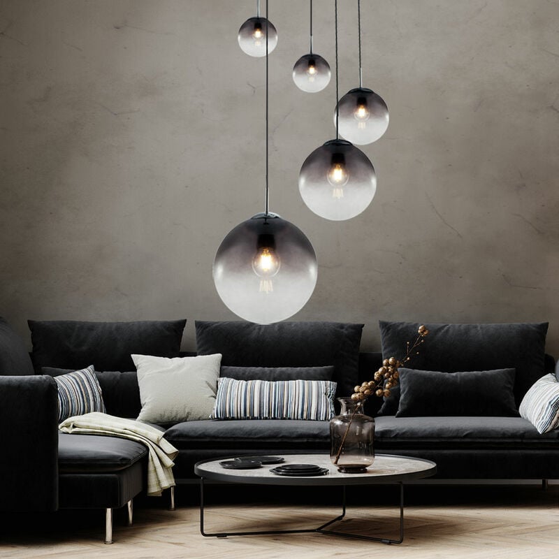 foto del prodotto globo lampadario a sospensione a soffitto in vetro fum , lampada a sospensione a sfera a 5 fiamme, varie misure, 5x e27, altezza 150 cm, soggiorno,