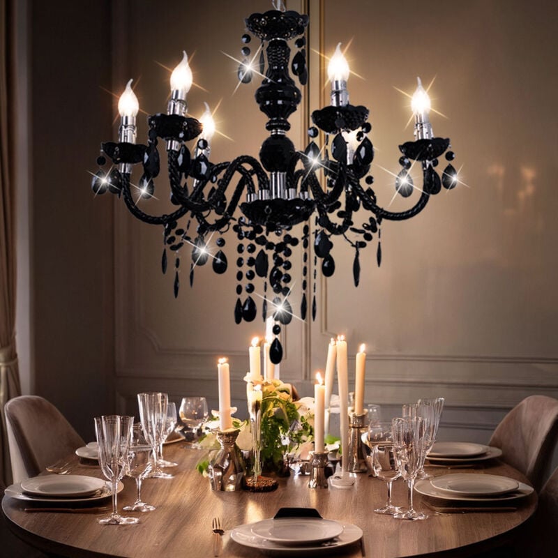 foto del prodotto globo lampadario in metallo lampada a sospensione camera da letto lampadario cromato lampada a sospensione 5 fiamme cromo, decoro acrilico nero, 6x
