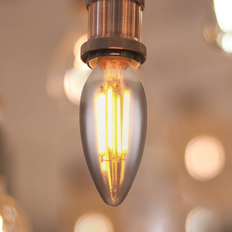 foto del prodotto globo lampadina led color fumo lampada in vetro a forma di candela moderna, 1x led attacco e14 6 watt 380 lumen 1800 kelvin bianco caldo, dxh