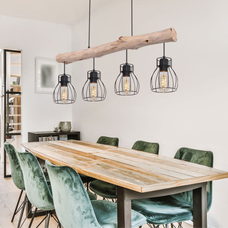 foto del prodotto globo lighting lampada a sospensione a led, lampada a sospensione con trave in legno, lampada da tavolo da pranzo a 4 fiamme, design a gabbia,