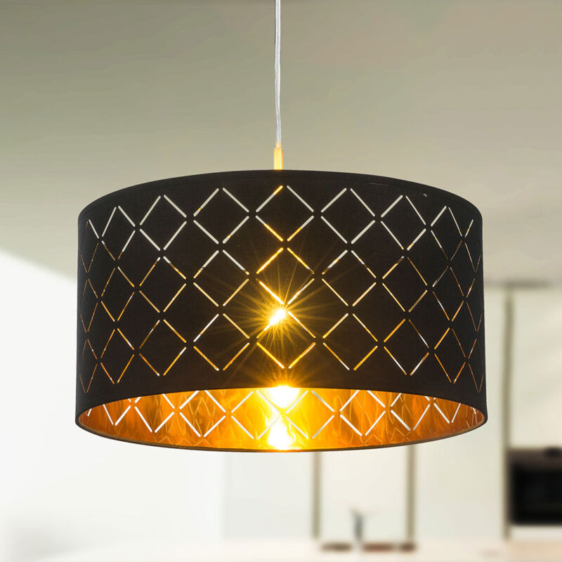 foto del prodotto globo lighting lampada a sospensione a led lampada a sospensione nera tavolo da pranzo soggiorno moderno, paralume in tessuto rotondo, metallo oro,