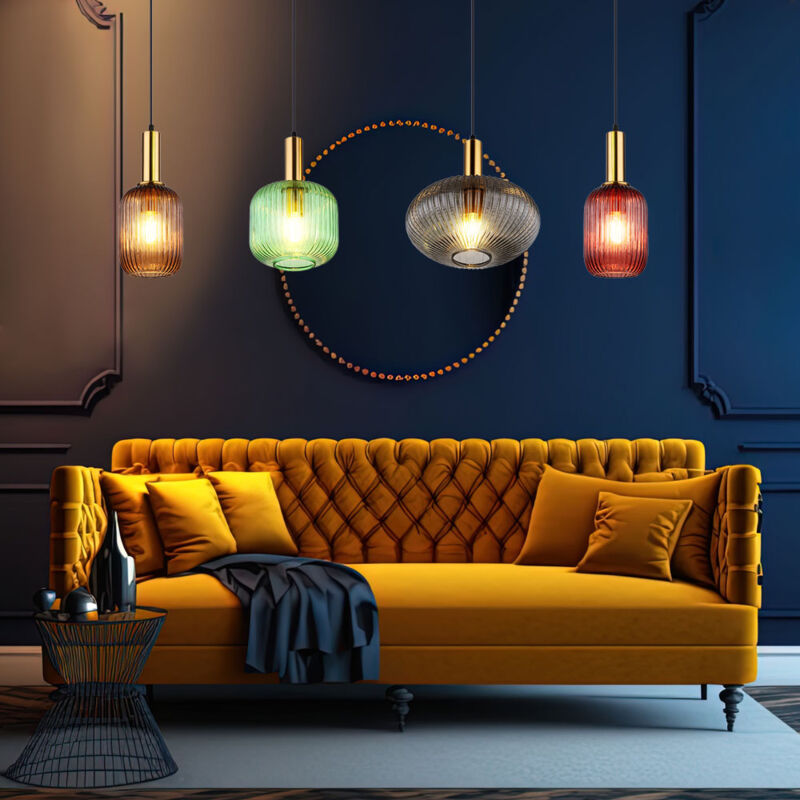 foto del prodotto globo lighting lampada a sospensione, lampada da sala da pranzo, lampada design retr , paralumi in vetro colorato, metallo, ottone nero, 4x e27,
