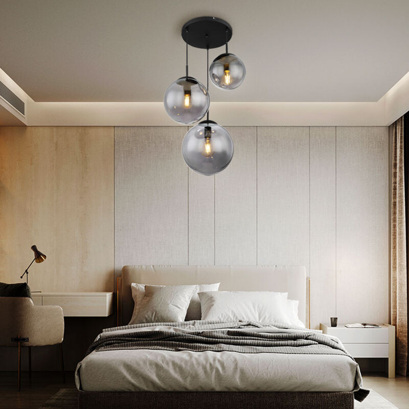 foto del prodotto globo lighting lampada a sospensione, lampada da soggiorno, lampada da sala da pranzo, lampada da soffitto, metallo nero, vetro fum , 3 lampadine