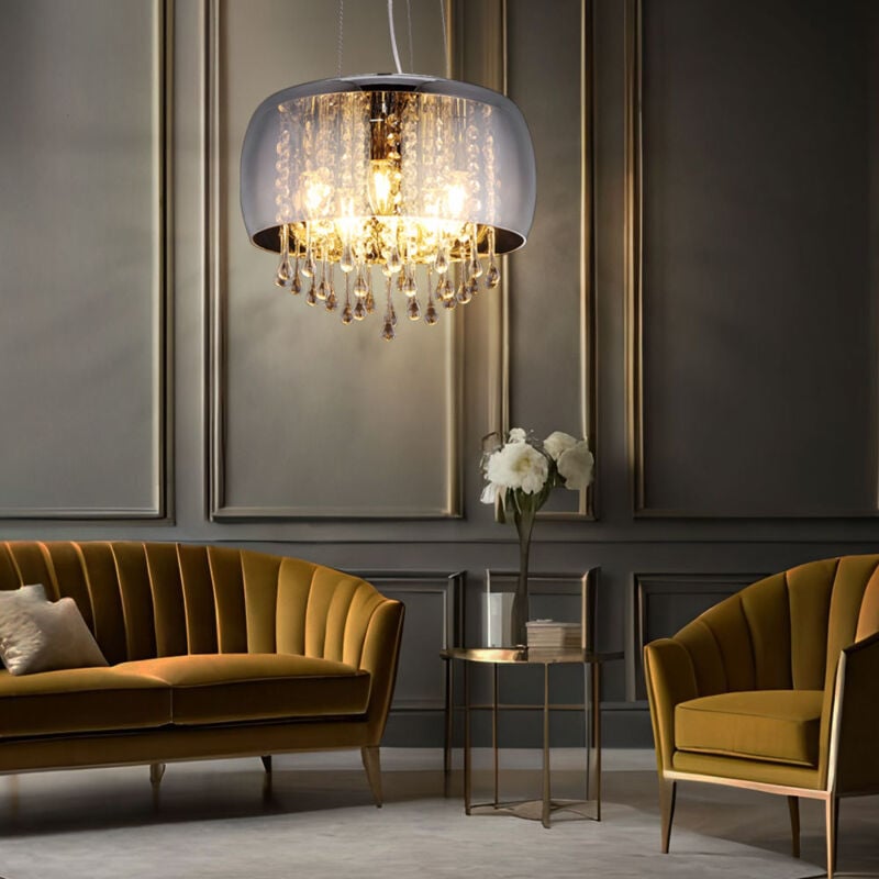 foto del prodotto globo lighting lampada a sospensione, lampada soggiorno, lampada da soffitto, lampada sala da pranzo, vetro metallo cromato, cristalli colore fum ,