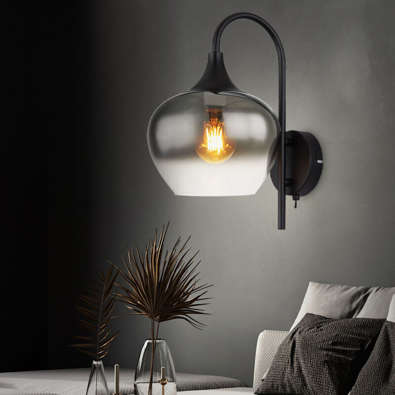 foto del prodotto globo lighting lampada da parete nera lampada da soggiorno lampada da corridoio in vetro fum , interruttore a levetta, 1x e27, lxh 18 x32 cm