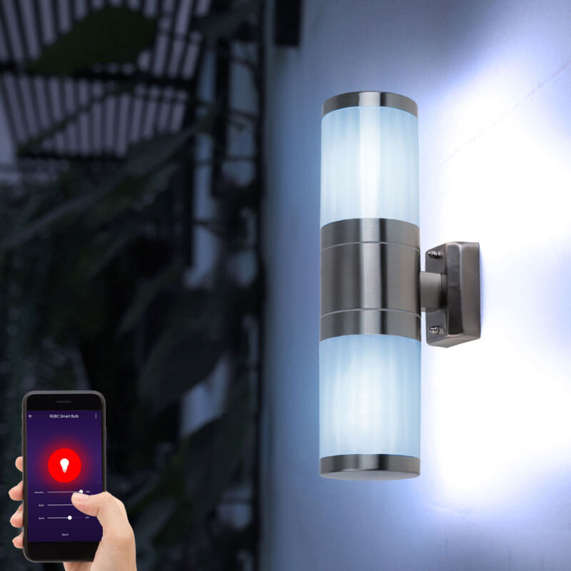 foto del prodotto globo lighting lampada da parete per esterni up down in acciaio inossidabile controllabile tramite app per telefono cellulare come set con lampade