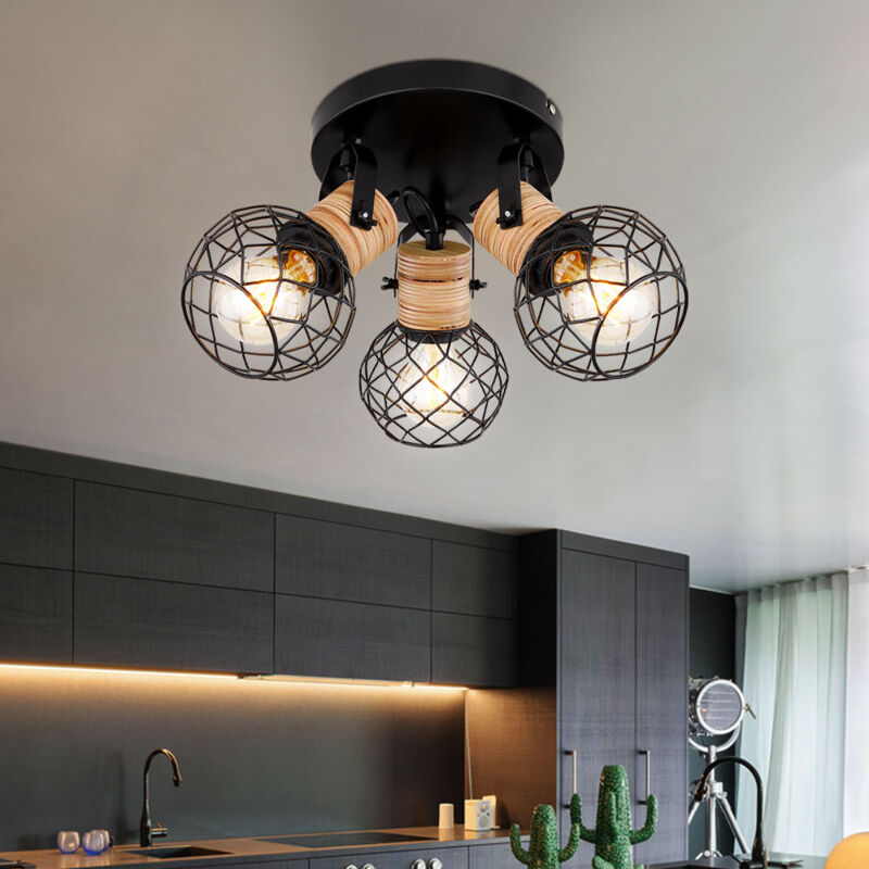 foto del prodotto globo lighting lampada da soffitto per soggiorno, plafoniere in legno, faretti in vimini a 3 fiamme regolabili, metallo nero, attacchi 3x e27, pxh