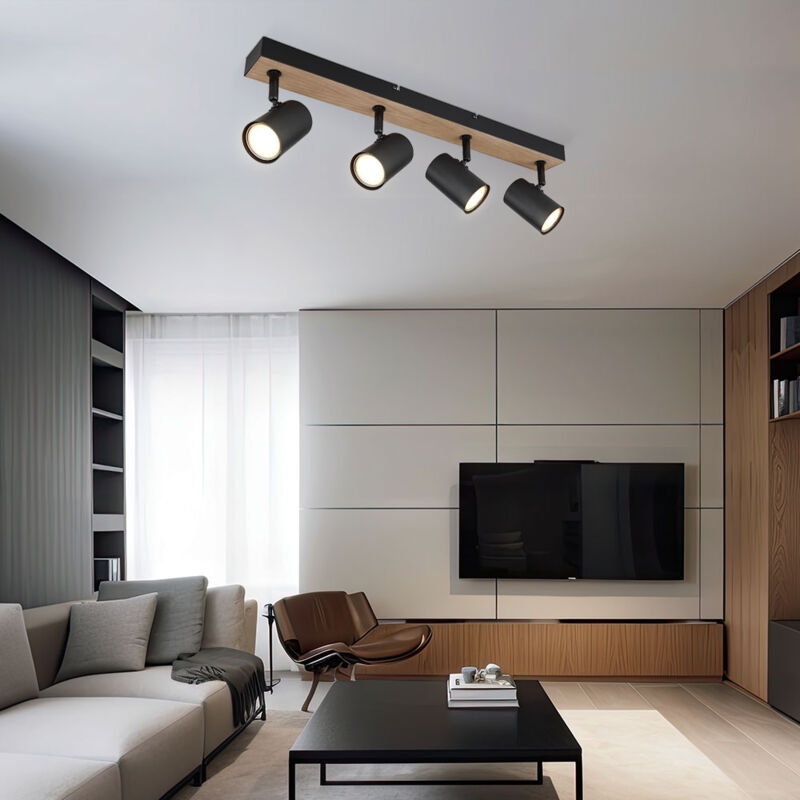 foto del prodotto globo lighting lampada da soffitto plafoniera 4 fiamme faretto mobile effetto legno nero con spot regolabili, metallo nero, 4 prese gu10, lxlxa