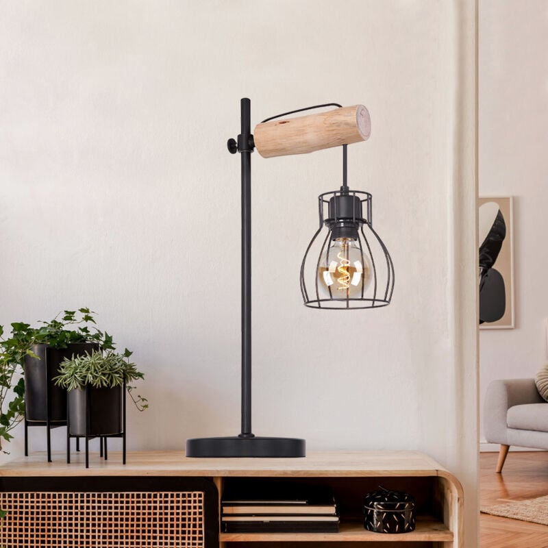 foto del prodotto globo lighting lampada da tavolo retr lampada da tavolo in legno metallo nero, paralume design a griglia, 1x e27, lxh 33 x 55 cm