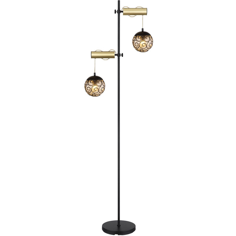 foto del prodotto globo lighting lampada da terra oro nero lampada da soggiorno sfere fumo lampada da terra regolabile in altezza, metallo plastica, 2x 6,5w 806lumen