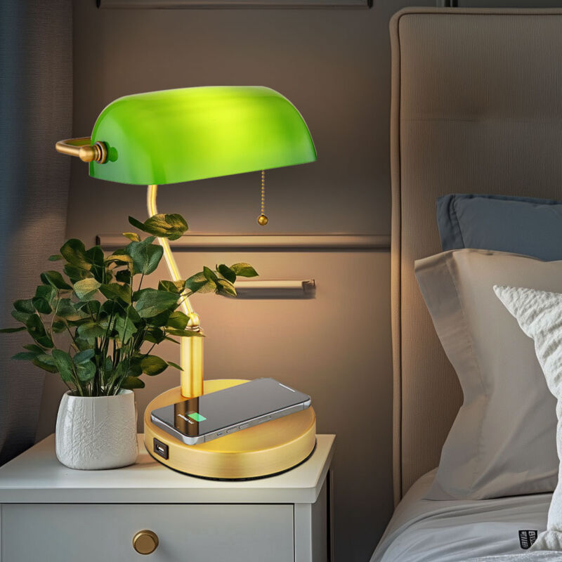 foto del prodotto globo lighting lampada led da scrivania lampada banker lampada da tavolo in ottone antico vetro verde luce di lettura, ricarica wireless