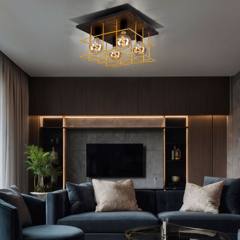 foto del prodotto globo lighting plafoniera 4 fiamme plafoniera faretto industriale in legno e27, aspetto legno griglia metallica nera color oro, lxlxa 40x40x26cm