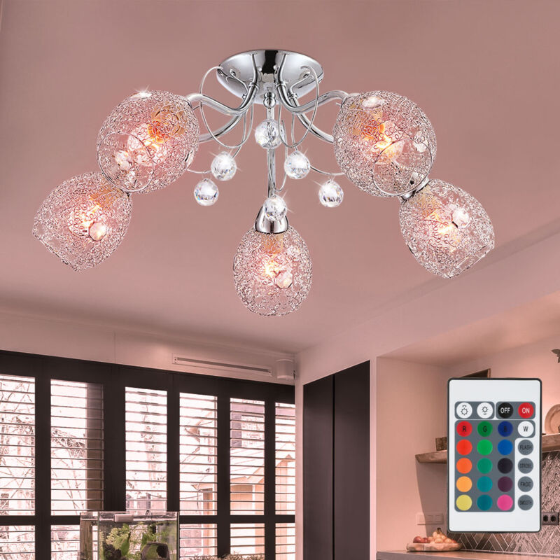 foto del prodotto globo lighting plafoniera cromo cristallo punto luce lampada da soffitto cristalli, rete cromata, 5x e14, telecomando dimmerabile, led rgb 4.8w