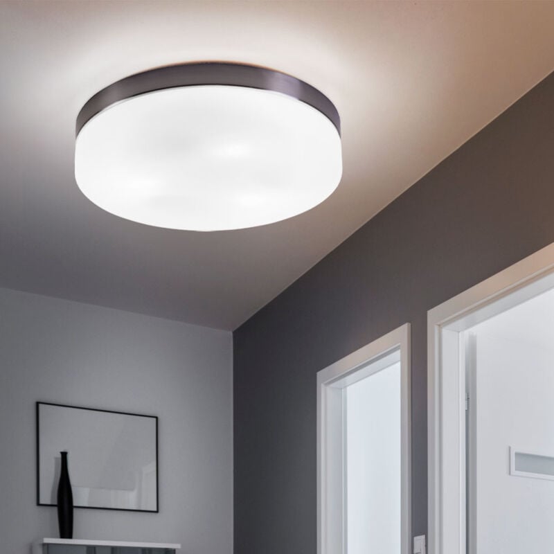 foto del prodotto globo lighting plafoniera da soggiorno a 3 luci lampada da soffitto in vetro bianco plafoniera in metallo, nichel opaco rotondo, 3x led 4w 320lm