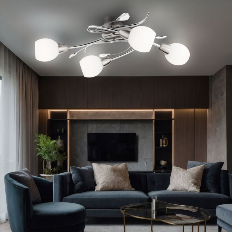 foto del prodotto globo lighting plafoniera faretto in cristallo, vetro opalino, lampada da soffitto, cromo, nichel opaco, foglie decorative, 4x led 3w 250lm bianco