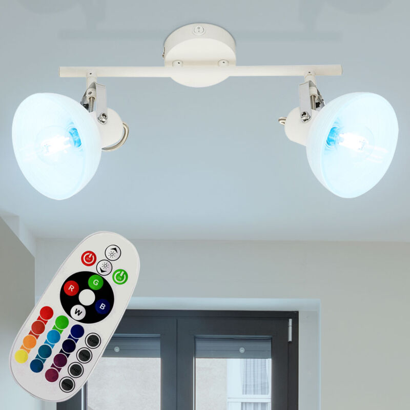 foto del prodotto globo lighting plafoniera faretto orientabile da soffitto in vetro bianco, cromo, interruttore, telecomando dimmerabile, 2x led rgb 4.8w 470lm